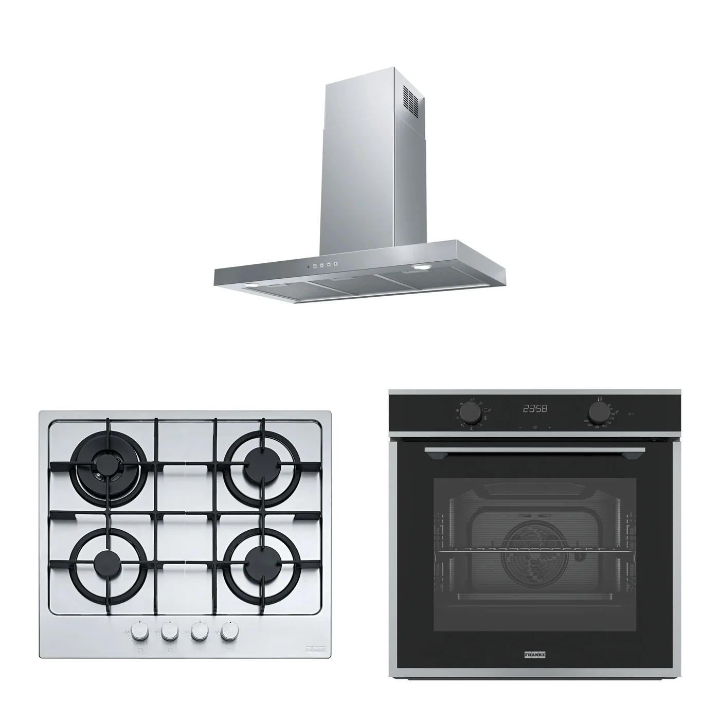 Franke Maris Inox 3'lü Ankastre Set: Ocak FHMA 604 3G DC XS C, Davlumbaz FDF EG6 90 XS, Fırın FMA 86 H XS