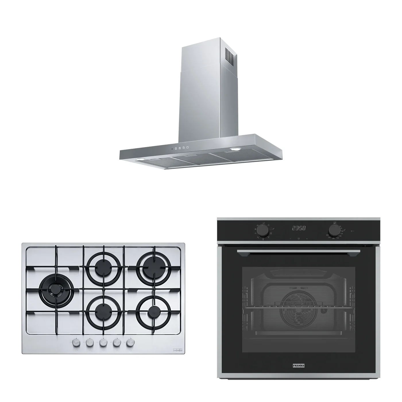 Franke Maris Inox 3'lü Ankastre Set: Ocak FHMA 755 4G DCL XS C, Davlumbaz FDF EG6 90 XS, Fırın FMA 86 H XS
