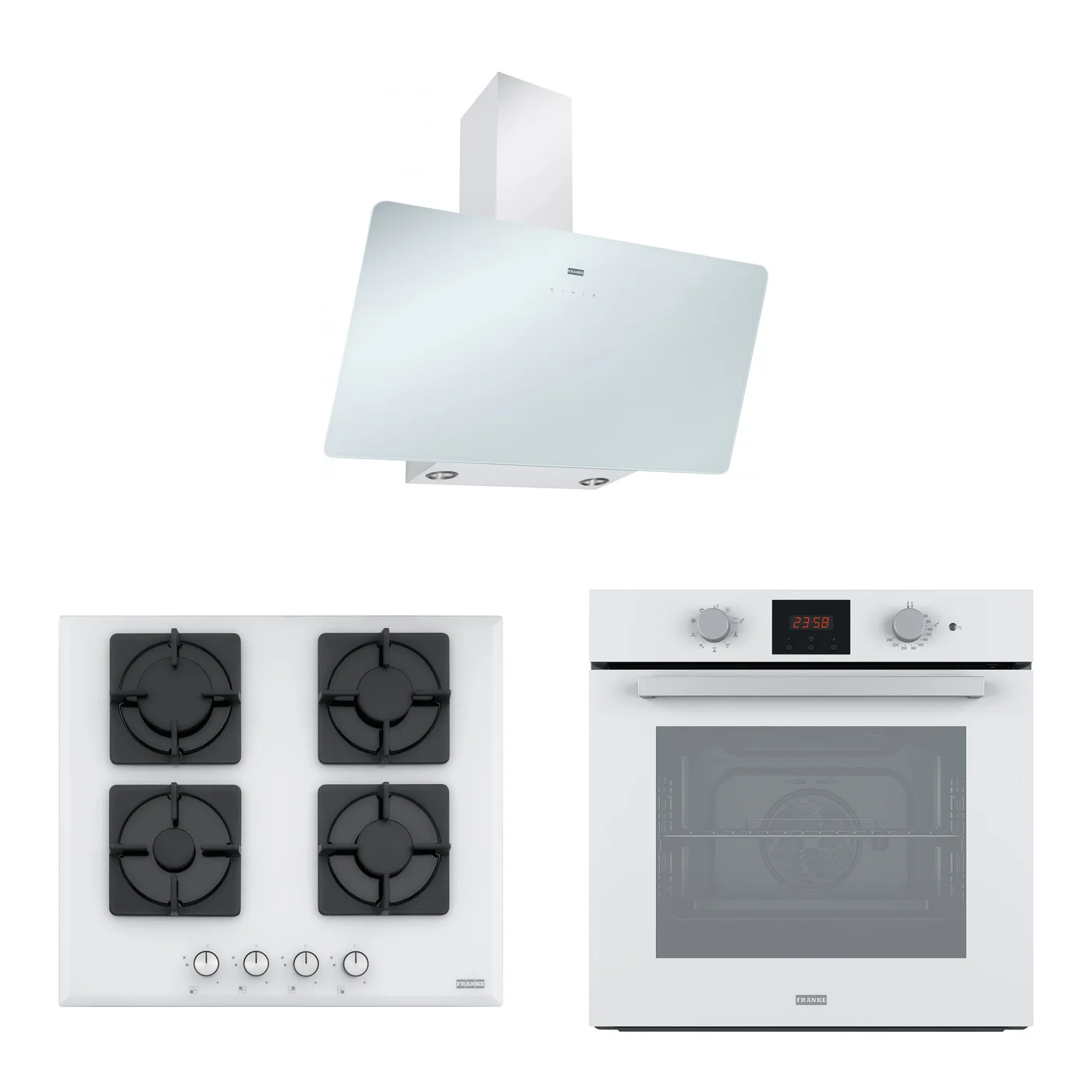 Franke Smart Linear Beyaz Cam 3'lü Ankastre Set: Ocak FHNS 604 4G WH C, Davlumbaz FPJ 915 V WH A, Fırın FSL 86 H WH