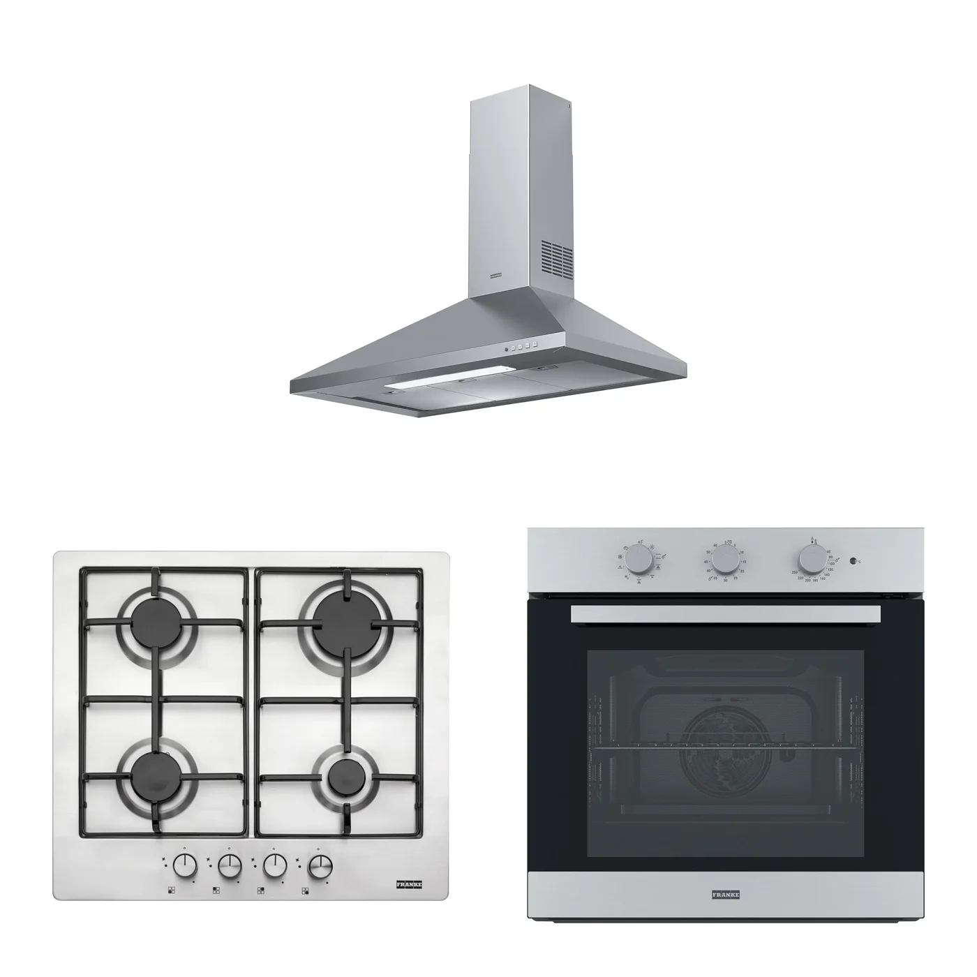 Franke Smart Linear Inox 3'lü Ankastre Set: Ocak FHNL 604 4G X E, Davlumbaz FDL 9165 XS, Fırın FSL 82 H XS