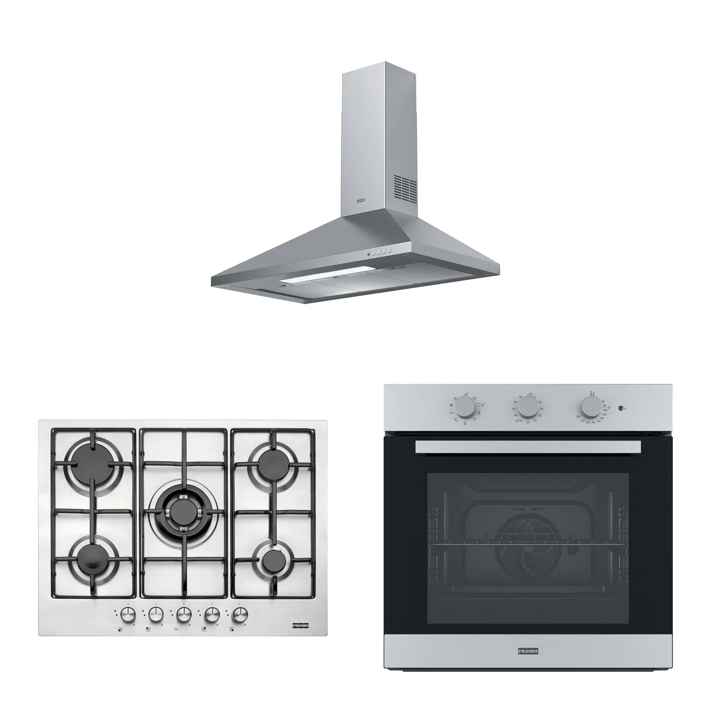 Franke Smart Linear Inox 3'lü Ankastre Set: Ocak FHNL 705 4G TC XS E, Davlumbaz FDL 9165 XS, Fırın FSL 82 H XS