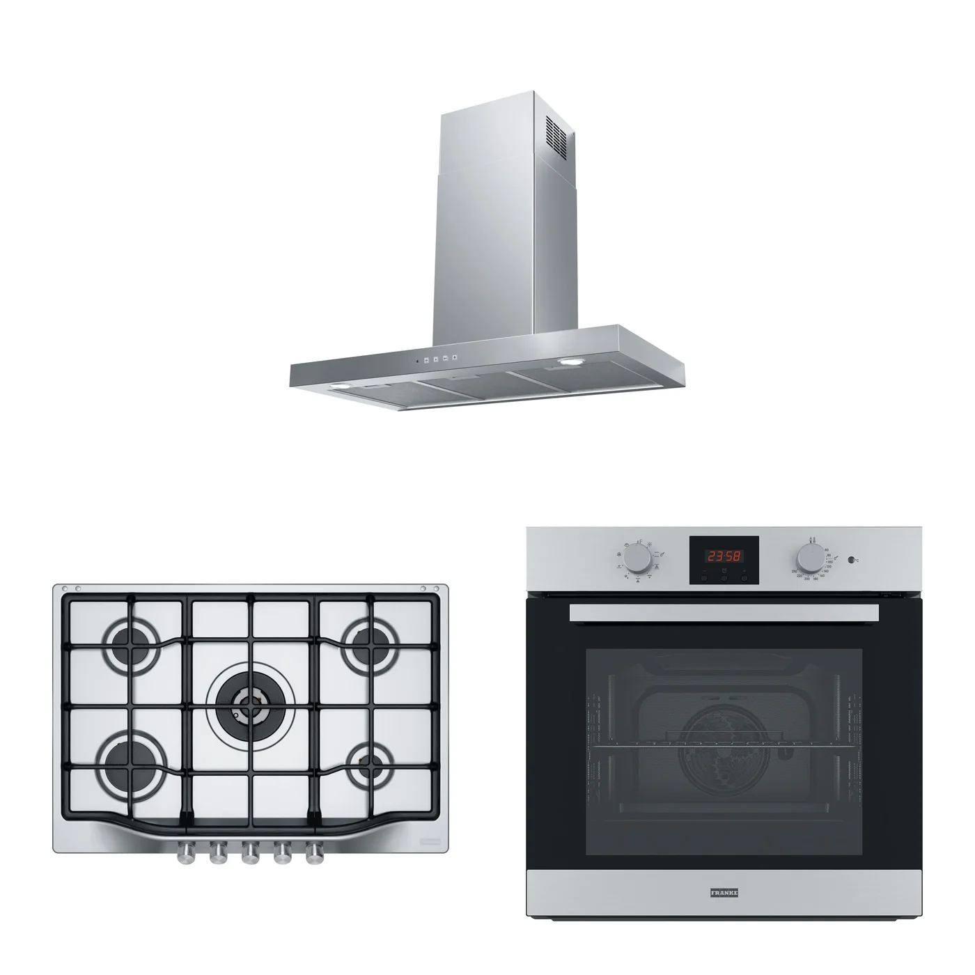 Franke Trendline Inox 3'lü Ankastre Set: Ocak FHTL 755 4G TC XS C, Davlumbaz FDF EG6 90 XS, Fırın FSL 86 H XS