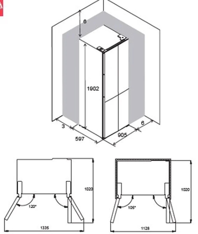 Montaj şeması: 905 × 597 × 1902 mm, kapak açılma mesafeleri