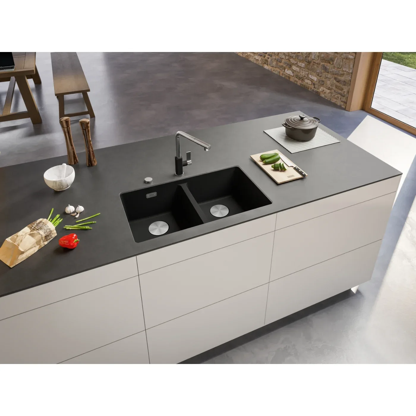 Franke Maris MRG 120-35-35 Granit Evye Batarya Seti – Nero – Siyah mutfakta uygulama