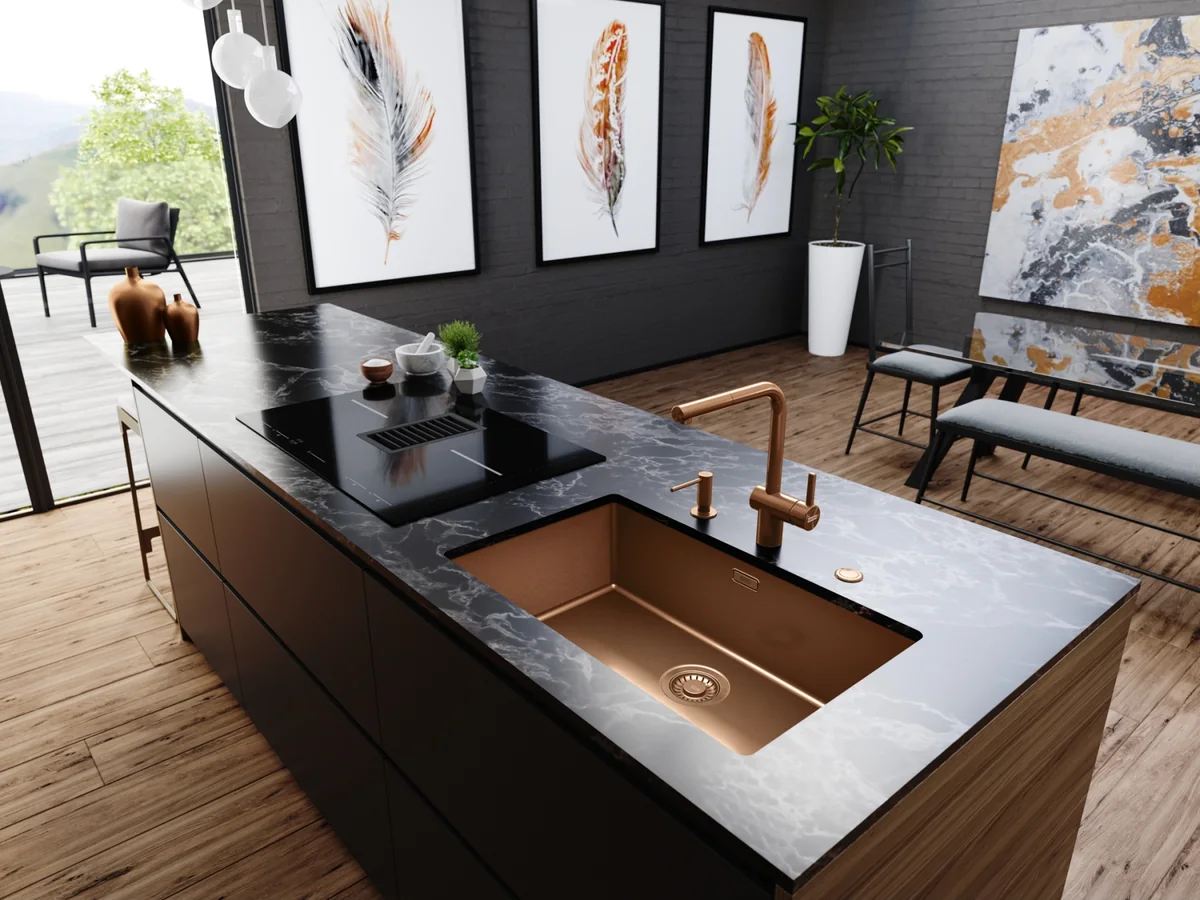 Franke Mythos Masterpiece Copper evye, koyu ada mutfakta