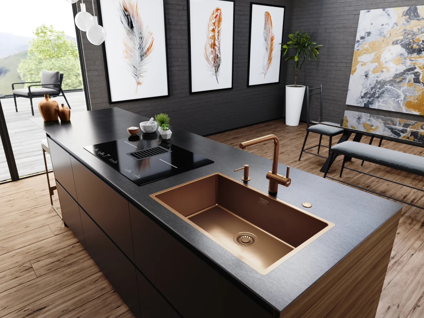 Franke Mythos Masterpiece BXM 210/110-68 Çelik Evye Copper – Bakır mutfakta kullanımda (3)