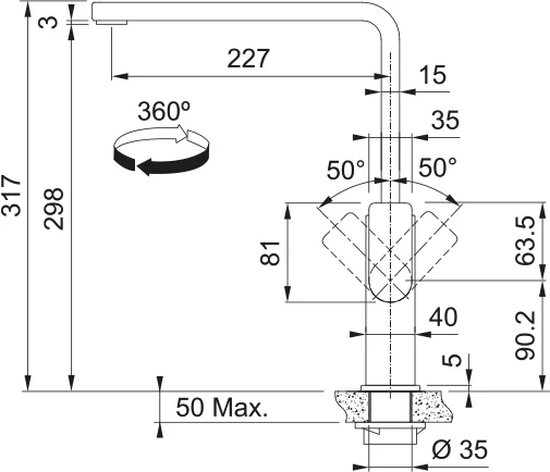Franke Mythos Steel Black Mutfak Bataryası teknik çizim, ön ve yan görünüş