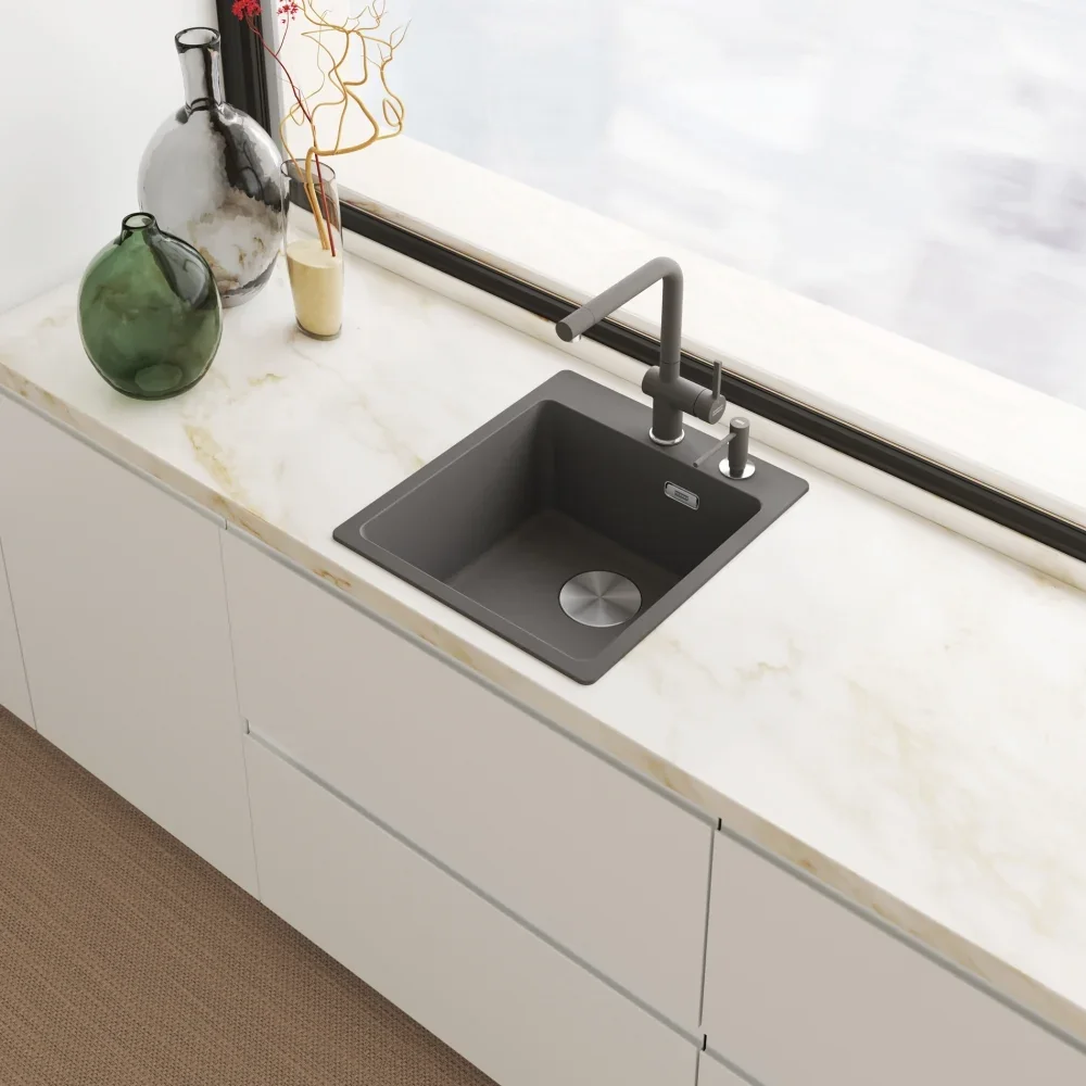 Franke Sıvı Sabunluk 350 ml Slate Grey – Koyu Gri mutfakta kullanımda (1)