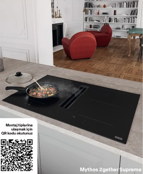 Franke Mythos 2gether Supreme FMY 8362 Mat Siyah Davlumbazlı İndüksiyonlu Ocak mutfakta kullanımda